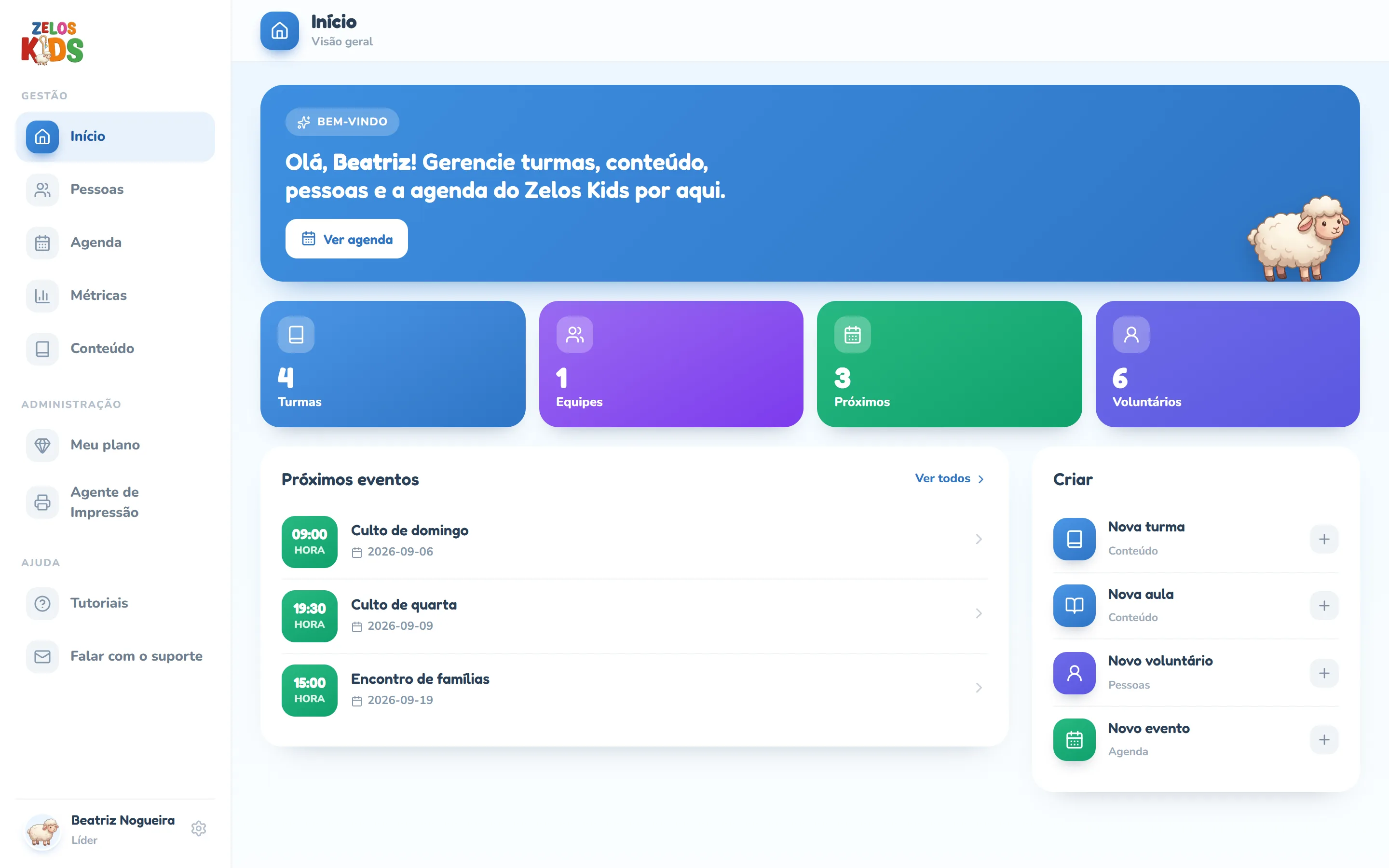 Tela Início do painel: menu à esquerda com os grupos Gestão (Início, Pessoas, Agenda, Métricas, Conteúdo), Administração (Meu plano, Agente de Impressão) e Ajuda (Tutoriais, Falar com o suporte); faixa azul com o selo Bem-vindo, a saudação Olá e o botão Ver agenda; quatro cartões coloridos com Turmas, Equipes, Próximos e Voluntários; abaixo deles o cartão Aniversariantes da semana, com os botões Semana e Mês; embaixo, o cartão Próximos eventos com os próximos cultos e o cartão Criar com os quatro atalhos.