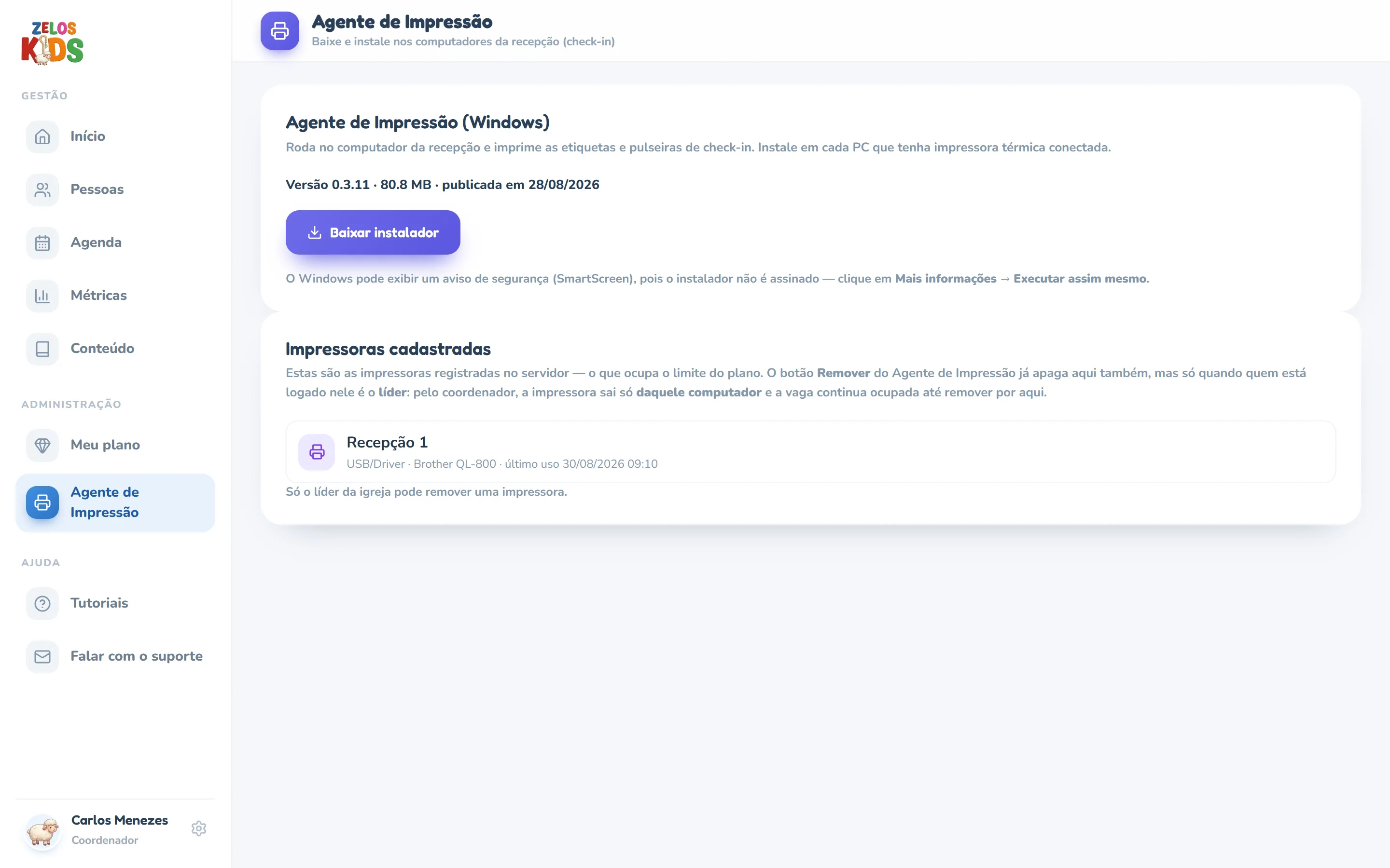 O mesmo painel Impressoras cadastradas visto por um coordenador: a linha da impressora Recepção 1 sem o botão de lixeira e, embaixo da lista, o aviso Só o líder da igreja pode remover uma impressora.