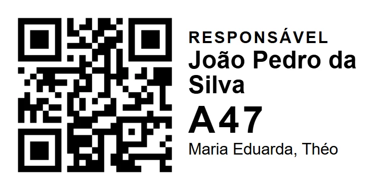 Etiqueta 60 × 30 mm do responsável: QR quadrado à esquerda e, à direita, a palavra Responsável, o nome João Pedro da Silva, o código de retirada A47 em letras grandes e, embaixo, os nomes das crianças.