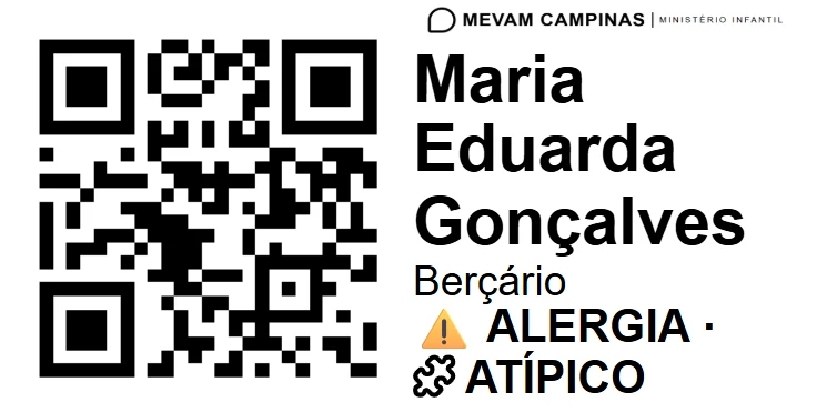 A mesma etiqueta 60 × 30 mm da criança, agora com a logo da igreja impressa no topo da coluna de texto, acima do nome, e o QR à esquerda.