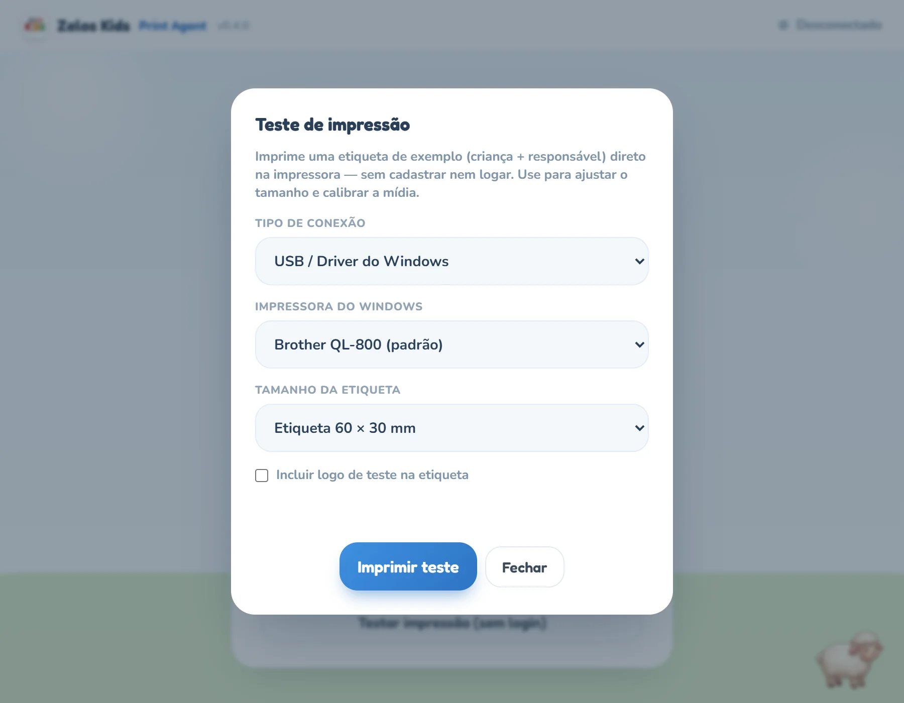 Modal Teste de impressão sobre a tela de conectar: explicação de que imprime uma etiqueta de exemplo sem cadastrar nem logar, os campos Tipo de conexão com USB / Driver do Windows, Impressora do Windows, Tamanho da etiqueta em Etiqueta 60 × 30 mm, a opção Incluir logo de teste na etiqueta e os botões Imprimir teste e Fechar.