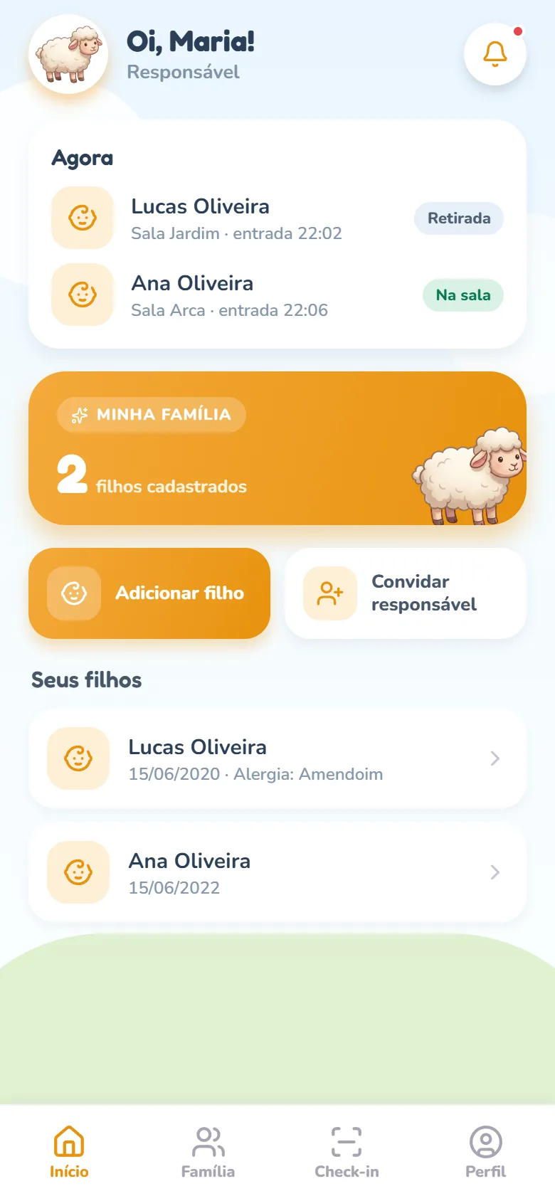 Aba Início com o bloco Agora mostrando um filho com o selo Retirada e outro com o selo Na sala, cada um com a sala e a hora de entrada