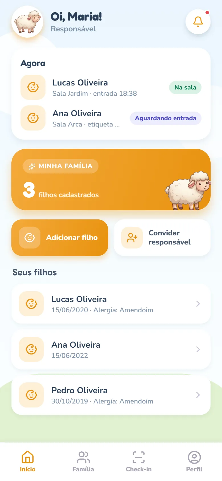 Tela Início depois de salvar: a criança aparece na lista Seus filhos com a data de nascimento e o texto da alergia.