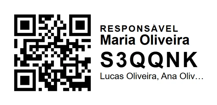 Etiqueta Responsável impressa na recepção: o nome do responsável, o código de retirada em letras grandes, os nomes das crianças (cortados quando não cabem) e o QR.
