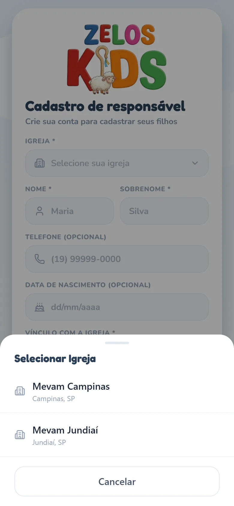 Folha Selecionar Igreja aberta sobre o cadastro, listando as igrejas com o nome e, abaixo, cidade e estado