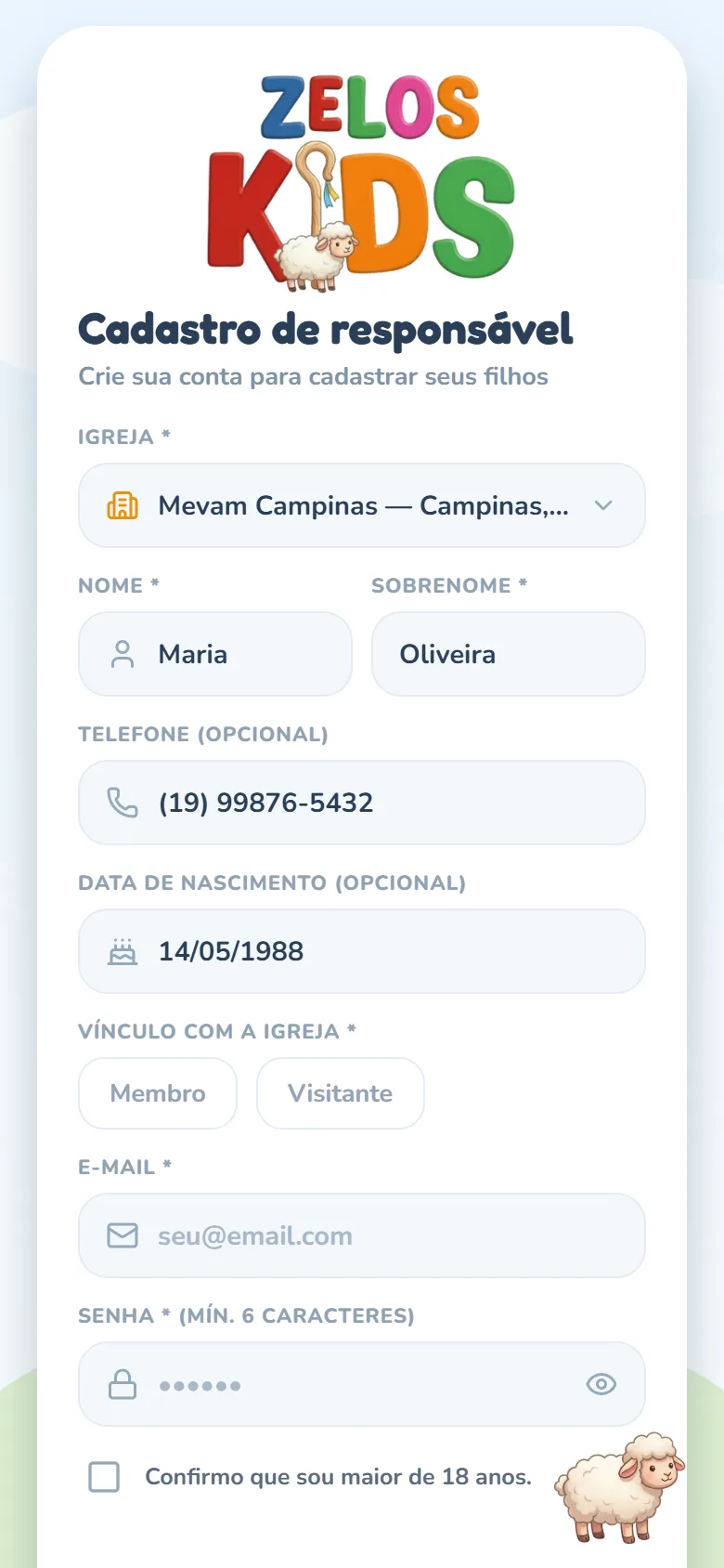 Tela Cadastro de responsável com igreja, nome, sobrenome, telefone e data de nascimento preenchidos