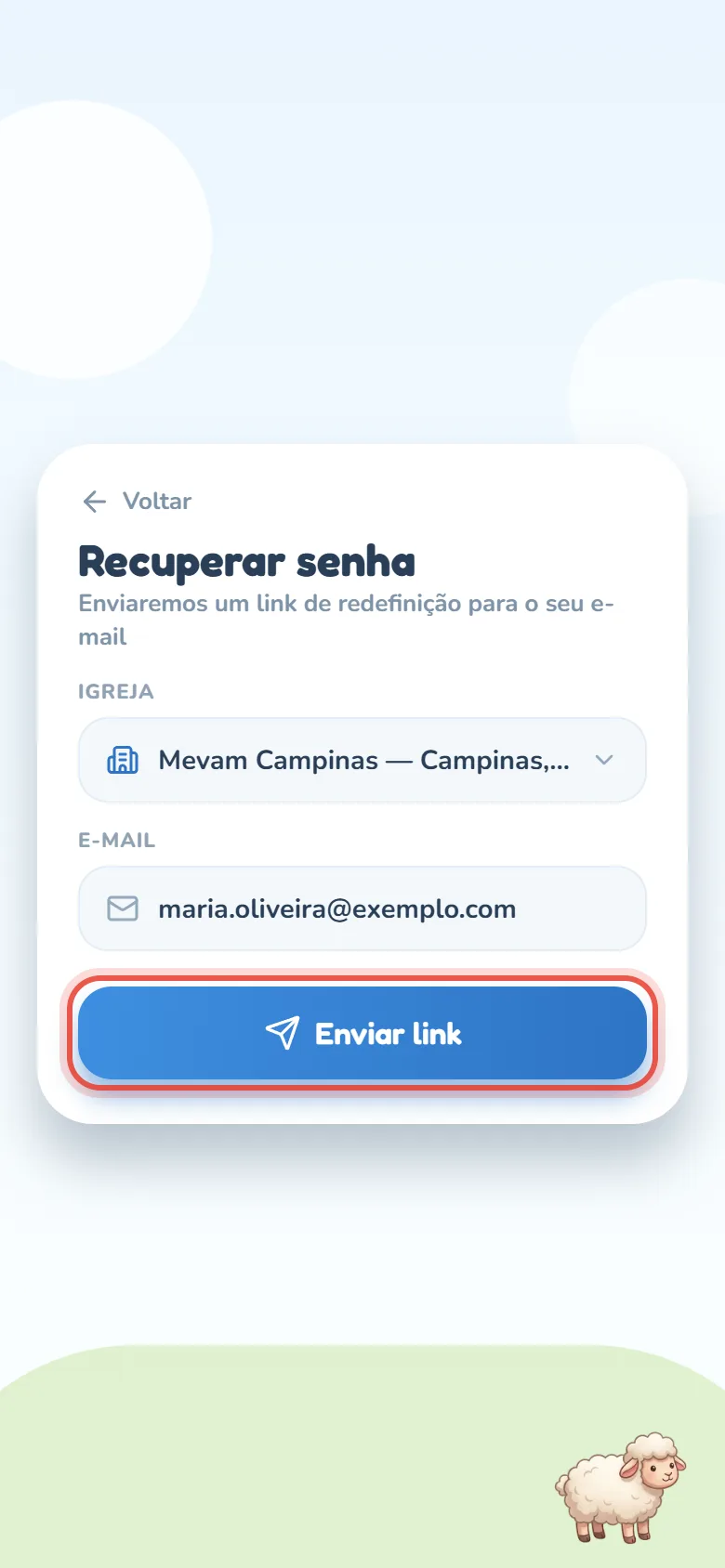 Tela Recuperar senha do Zelos Kids com o link Voltar no topo, a igreja já escolhida no campo Igreja, o e-mail preenchido e o botão azul Enviar link.
