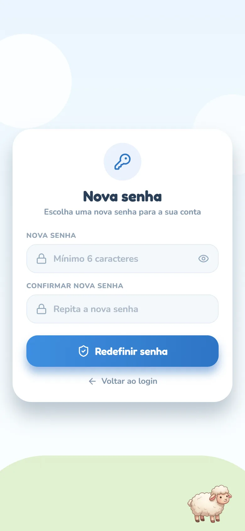Tela Nova senha com o ícone de chave, os campos Nova senha ("Mínimo 6 caracteres") e Confirmar nova senha, o botão Redefinir senha e o link Voltar ao login.