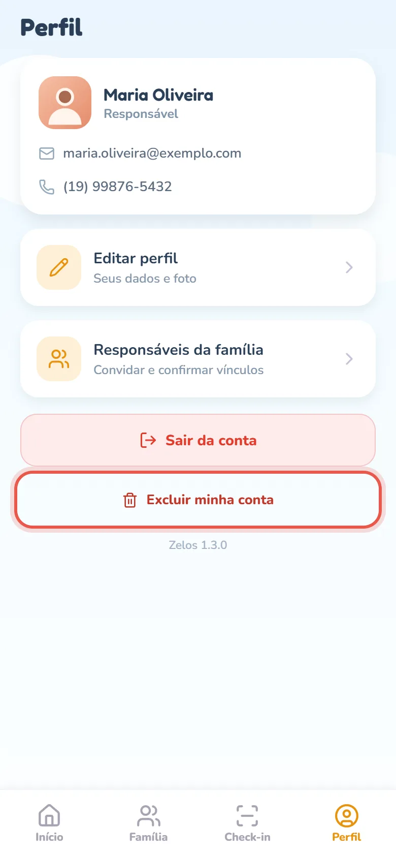Fim da aba Perfil do responsável: o botão vermelho Sair da conta e, abaixo dele, o link discreto Excluir minha conta com um ícone de lixeira, seguido da versão do app.