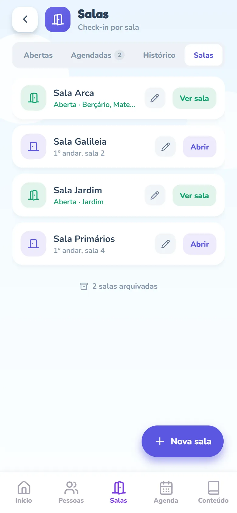 Tela Salas na aba Salas: lista de salas cadastradas, duas delas em verde com Aberta e o botão Ver sala e as demais com o botão Abrir, cada linha com o lápis de editar; no rodapé o link com o número de salas arquivadas e, no canto, o botão Nova sala.